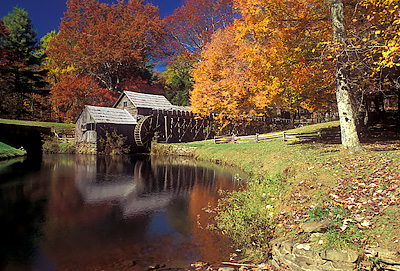 VA: Floyd County, The Blue Ridge Parkway, Meadows of Dan Area, Mabry Mill, MP 176, View of the mill in fall color [Ask for #251.004.]