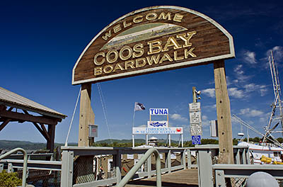 OR: South Coast Region, Coos County, Coos Bay Area, City of Coos Bay, Waterfront Boardwalk, Welcome sign [Ask for #271.118.]