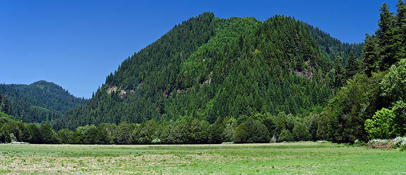 OR: South Coast Region, Coos County, Coast Range, Coos Bay Wagon Road, Sitkum Community, Panoramic view over meadows towards the steep mountains that ring this isolated cove [Ask for #274.232.]