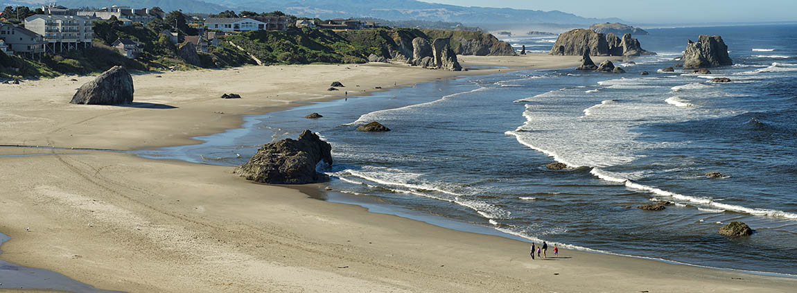 OR: Coos County, Bandon Area, South Beaches, Oregon Islands National Wildlife Refuge, Coquille Point. View from grassy cliffs with wildflowers, over sand beach to a set of rock bound islands just offshore [Ask for #274.341.]