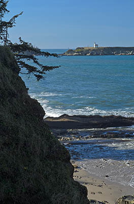 OR: Coos County, Coos Bay Area, Cape Arago Parks, Yoakam Point State Park, View from the sea cliffs, over the beach below, towards Cape Arago Lighthouse. [Ask for #276.165.]