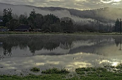 OR: South Coast Region, Coos County, Coast Range, Old Coos Bay Wagon Road, Sumner Community, The community of Sumner, with early morning fog, reflects into the winter flood waters of Catching Slough. [Ask for #276.240.]