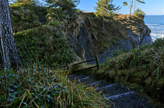 OR: South Coast Region, Coos County, Coos Bay Area, Cape Arago Parks, Shore Acres State Park, Shore Acres Cliffs, Path leads down steps along a cliff-top forest [Ask for #276.356.]