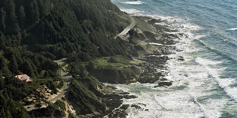 OR: South Coast Region, Lane County, Pacific Coast, Cape Perpetua Area, Cape Perpetua National Scenic Area, Cape Perpetua Overlook, This mountaintop overlook gives views of US 101 hugging the sea cliffs below [Ask for #276.514.]