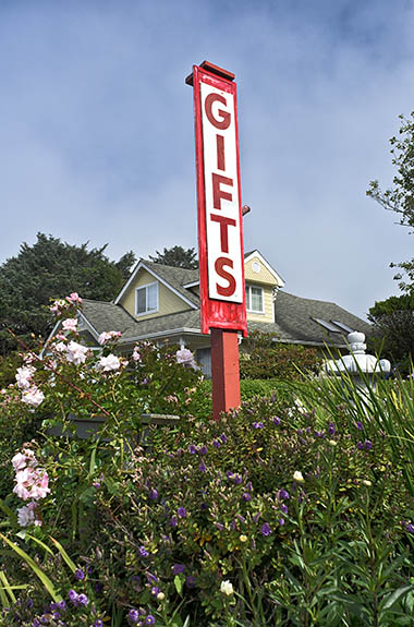 OR: North Coast Region, Lincoln County, Pacific Coast, Yachats Area, Yachats Proper, Sign, "Gifts", in a cottage garden [Ask for #276.A07.]