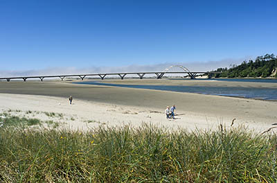 OR: North Coast Region, Lincoln County, Pacific Coast, Waldport Area, Waldport Proper, Alsea River Inlet, View towards the bridge from Robinson Park's beach area [Ask for #276.A27.]