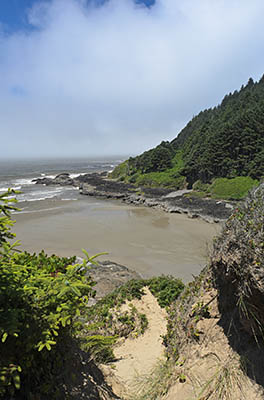 OR: South Coast Region, Lane County, Pacific Coast, Cape Perpetua Area, Cape Perpetua National Scenic Area, Cooks Chasm Viewpoint, View over a sandy beach in a remote cove, as fog rolls in [Ask for #276.A36.]