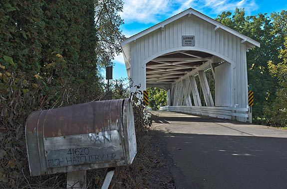 OR: Linn County, Willamette Valley in Linn County, Santiam River Area, Larwood Covered Bridge. This open sided covered bridge, built in 1939, still carries traffic. [Ask for #278.663.]