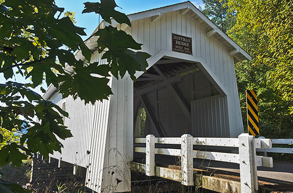 OR: Linn County, Willamette Valley in Linn County, Santiam River Area, Hoffman Covered Bridge. This open sided covered bridge, built in 1936, still carries traffic. [Ask for #278.664.]