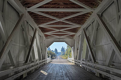 OR: Linn County, Willamette Valley in Linn County, Santiam River Area, Hoffman Covered Bridge. This open sided covered bridge, built in 1936, still carries traffic. [Ask for #278.665.]
