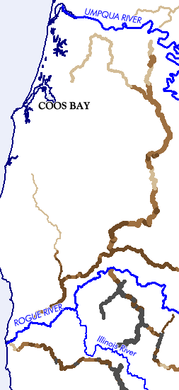 OR: South Coast Region, Coos County, Coast mountains of Coos Co, Umpqua to Rogue Rivers. Map designed by Jim Hargan, ©2015; data from <ahref='http://www.delorme.com>Delorme, ©2004</a> [Ask for #990.105.]