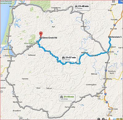 OR: South Coast Region, Coos County, Coos Bay Area, Google's shortest route from I-5 to Gold and Silver Falls State Park  will take you through the Oregon Coastal Range on logging roads, some of them private. [Ask for #990.125.]