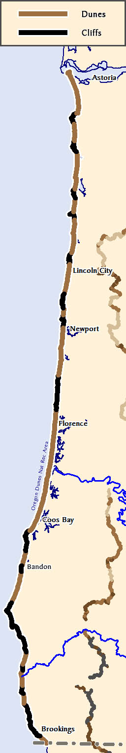 OR: South Coast Region, Map of Oregon's Pacific coast, showing the long stretches of dunes and cliffs. The Coastal Range is also shown, along with major towns. [Ask for #990.140.]